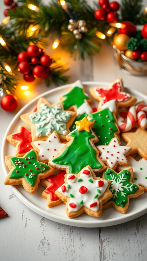 Festive Christmas Cookies Recipe A plate of decorated Christmas cookies in festive shapes, surrounded by holiday decorations.